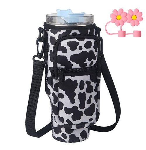 Water Bottle Bag with Phone Pocket for Stanley Tumbler 40Oz, Water Bottle Holder Carrier Pouch with Adjustable Shoulder Strap for Walking Biking Travelling Camping Gym (Cow Pattern)