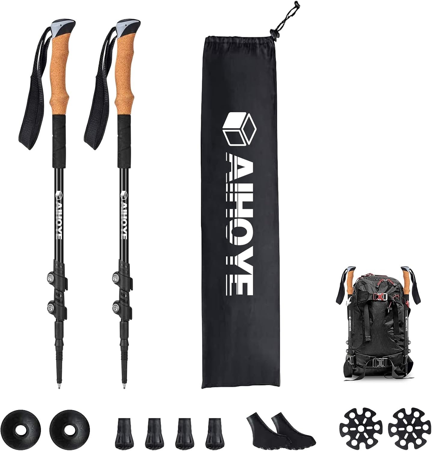 Aihoye Trekking Hiking Poles - 2 Pack Adjustable Walking Sticks, Collapsible Lightweight Aluminum 7075, Hiking Sticks with Quick Flip-Lock and Comfortable Cork Grips