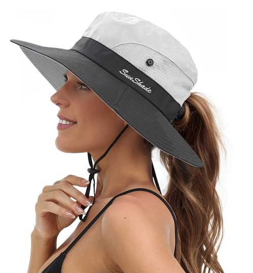 Sun Hats for Women Beach Hat Ponytail Hat Womens Sun Hat with UV Protection Wide Brim Light Grey