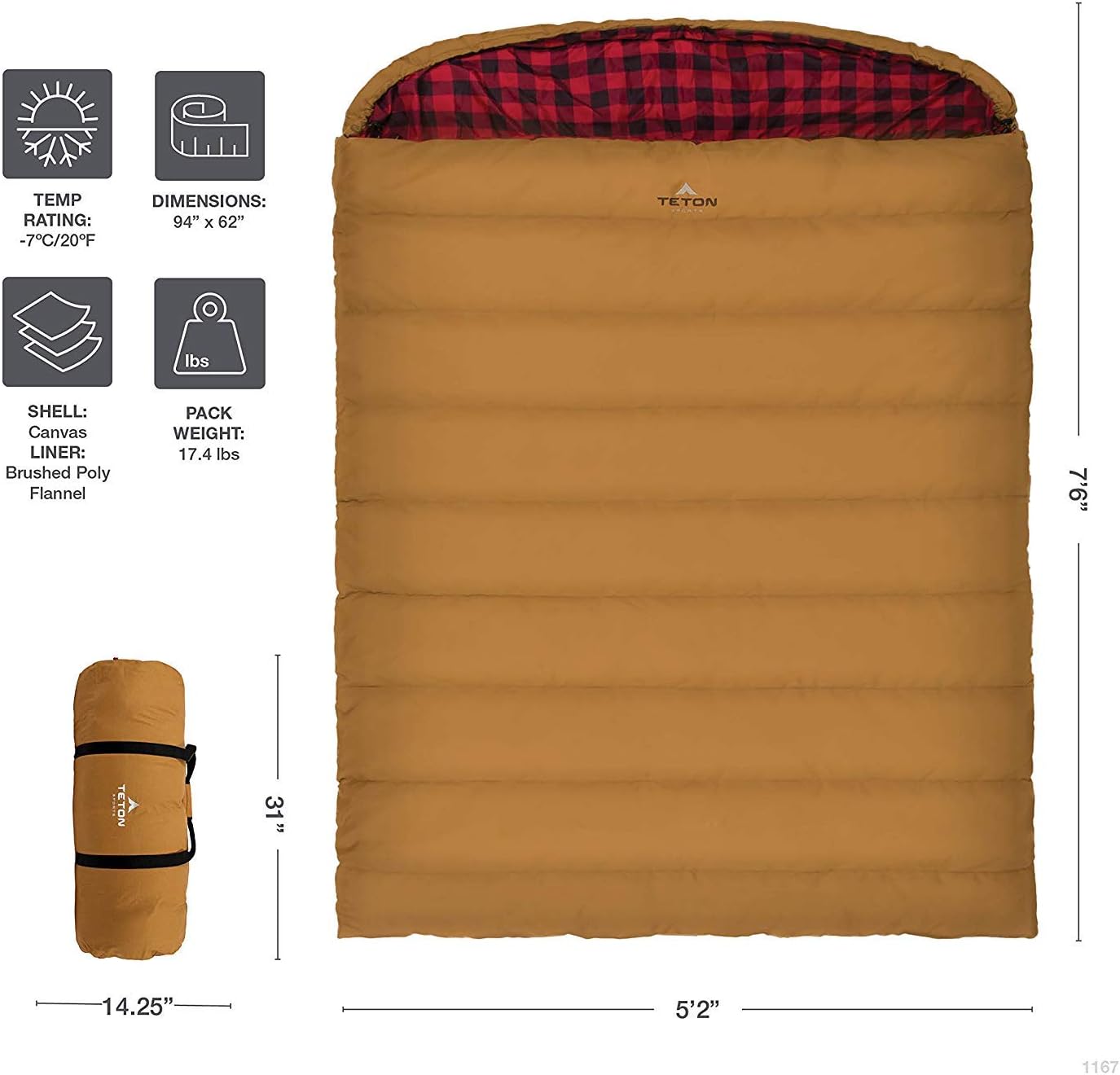 Teton Mammoth Queen Size Double Sleeping Bag- A Warm Bag The Whole Family can Enjoy – Great for Camping, Hunting and Base Camp. Compression Sack Included