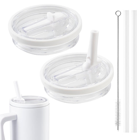2 Pack 40oz Replacement Flip Straw Lid with Straw Brush for Stanley Quencher, Reusable Tumbler Cover, Spill-Proof, Splash-Resistant Tumbler Lid (white)
