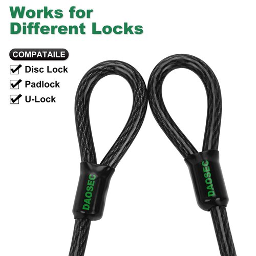 DAOSEC 10 ft x 1/2" Heavy Duty Cut-Proof Security Cable | Flexible Vinyl-Coated Braided Steel with Looped Ends | Weatherproof Anti-Theft Locking Cable for Bikes, Gates, Kayaking & Outdoor Equipment