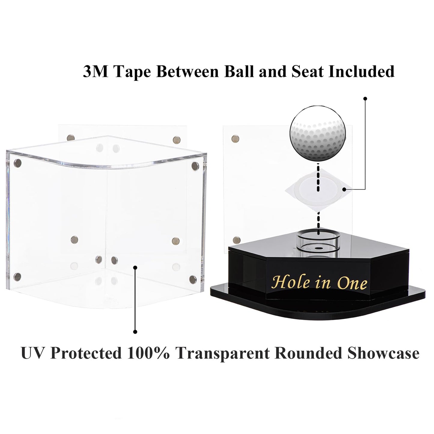 Golf Ball Display Case for Hole-in-One Golfer. Black Ball Throne with Golden Stamp. 2X Background Frames on Each Side of Cambered Cover. Pencil Holder, Glue Dots are All Included, No Assembly