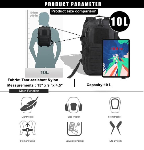 Miramrax 12L Small Backpack Day Pack - Mini Tactical Backpacks Military Daypack Molle Bag Rucksack Bug Out Bag for Hiking (Black)