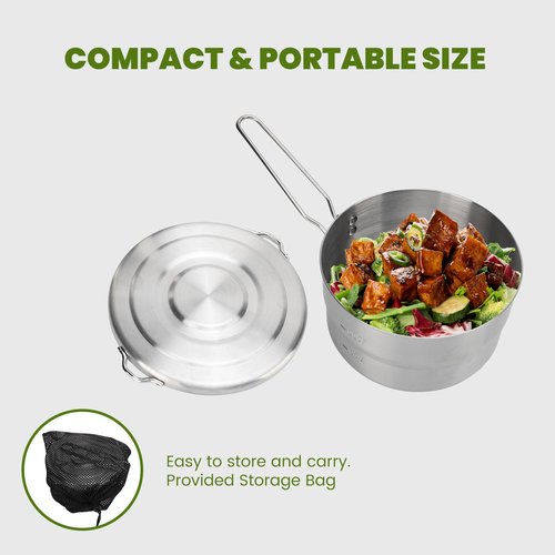 Stainless Steel Camping Cook Pot,Topyond 1.5L Camping Cookware with Lid and Folding Handle, Large Capacity Bento Pot for Outdoor Backpacking Camping Hiking Picnic(with Storage Bag)