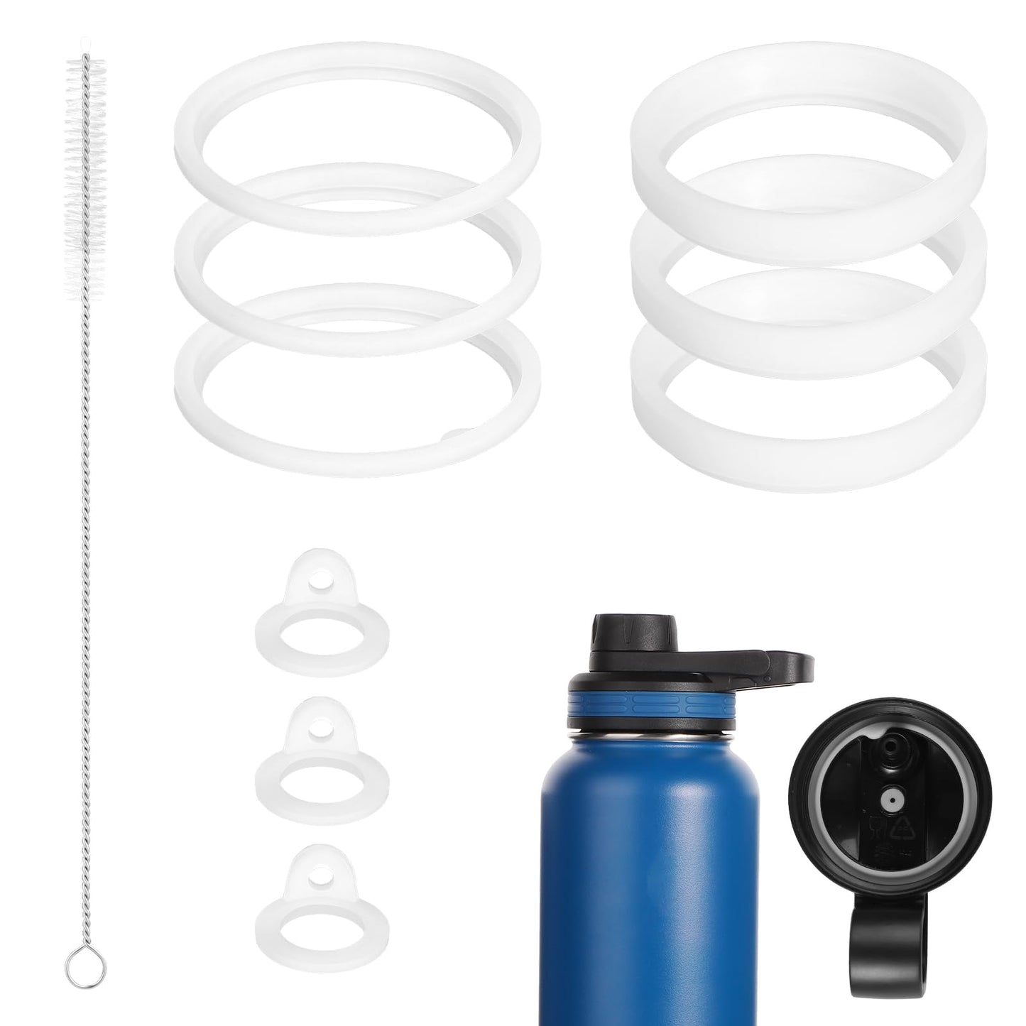 9pcs Water Bottle Gasket Replacement with Straw Brush, Silicone Sealing Rings Lid Gaskets Replacement Parts for Thermoflask 24/32/40/64oz Water Bottles