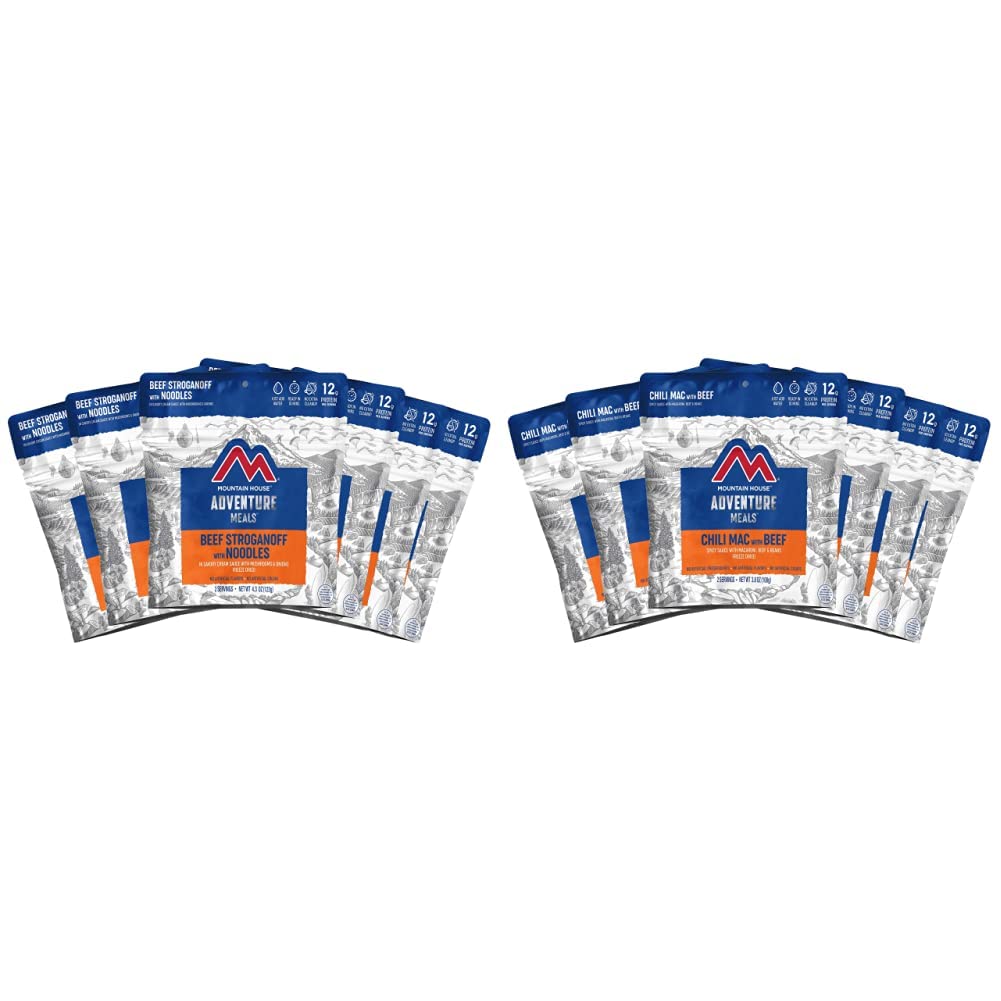 Mountain House Beef Stroganoff with Noodles (6-Pack) and Chili Mac with Beef (6-Pack) | Freeze Dried Backpacking & Camping Food