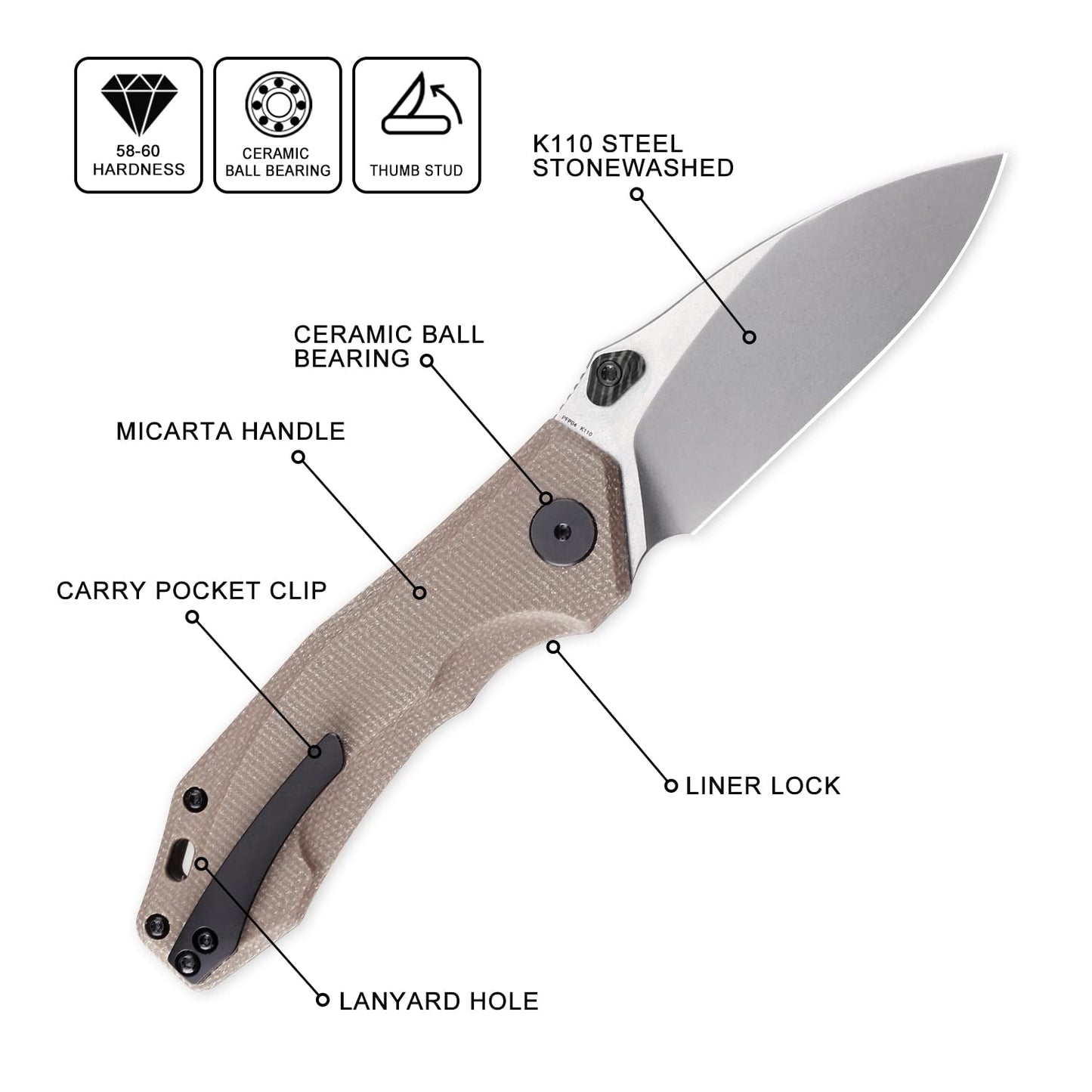 Petrified fish PFP04 Havrog,3.15" K110 Stonewashed Blade, 127g Micarta Handle Liner lock Folding knife (Stonewashed, Khaki)