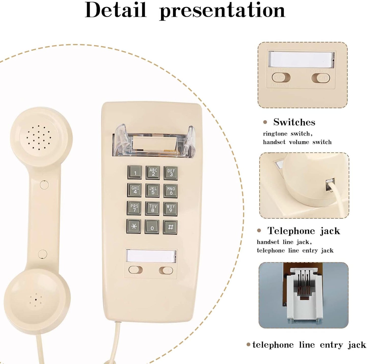 Wall Phone with Classic Design,Corded Wall Phone,Crisp Mechanical Ringer,Easy to Install, Retro Phone, Perfect for Kitchen,Living Room & Bedroom (Beige)