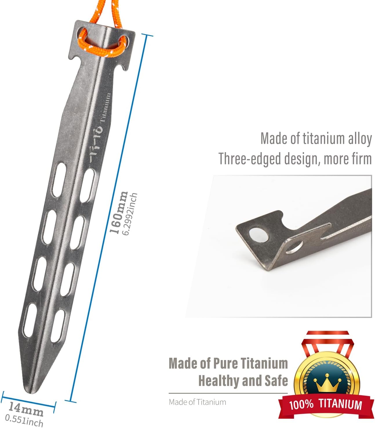 TiTo 6 Pack Titanium Tent Stakes 10X10X160mm V-Shaped Windproof Tent Nail Pegs with Carrying Pouch for Camping, Hiking, Gardening and Canopy (Silver,10X160mm)