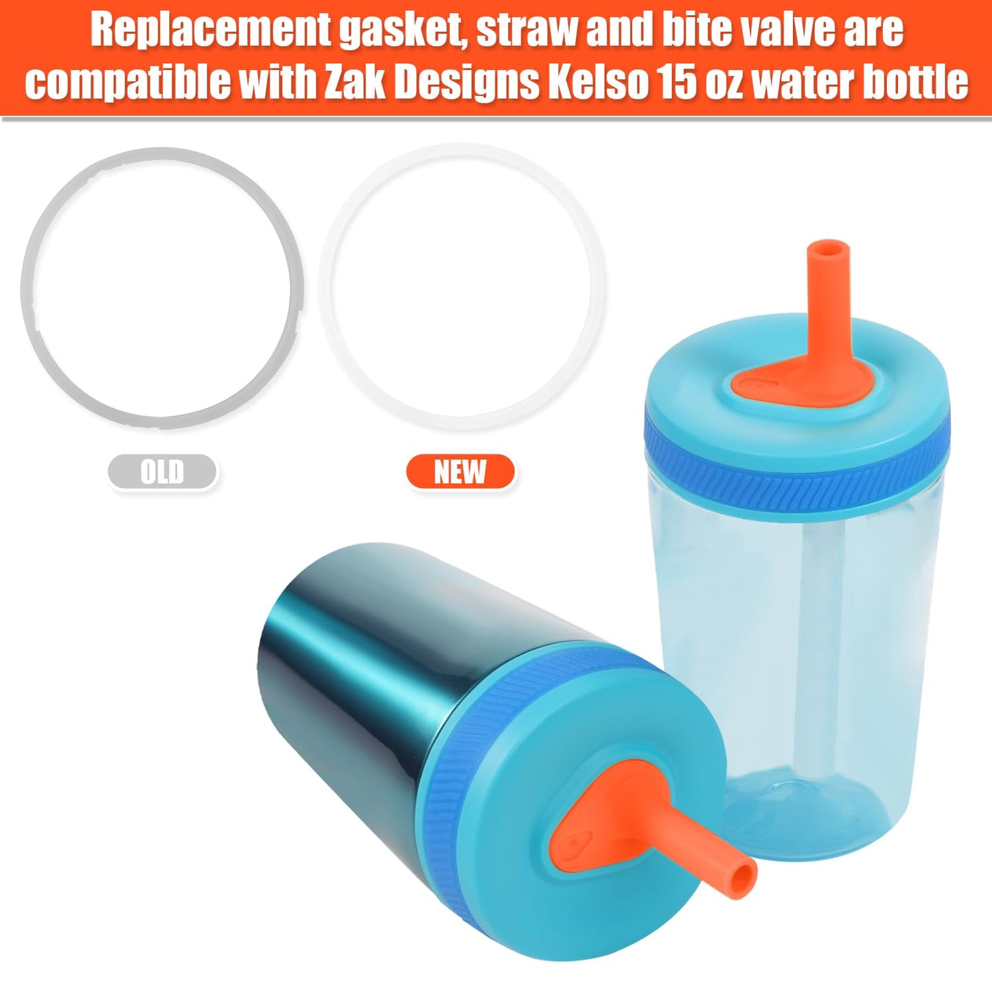 3pcs Replacement Straws with Bite Valve for Zak Designs Kelso Kids 15oz, BPA Free Reliable Straw Cup Accessories with Zak Designs and Reusable Gaskets Brush for Water Bottles (Orange)