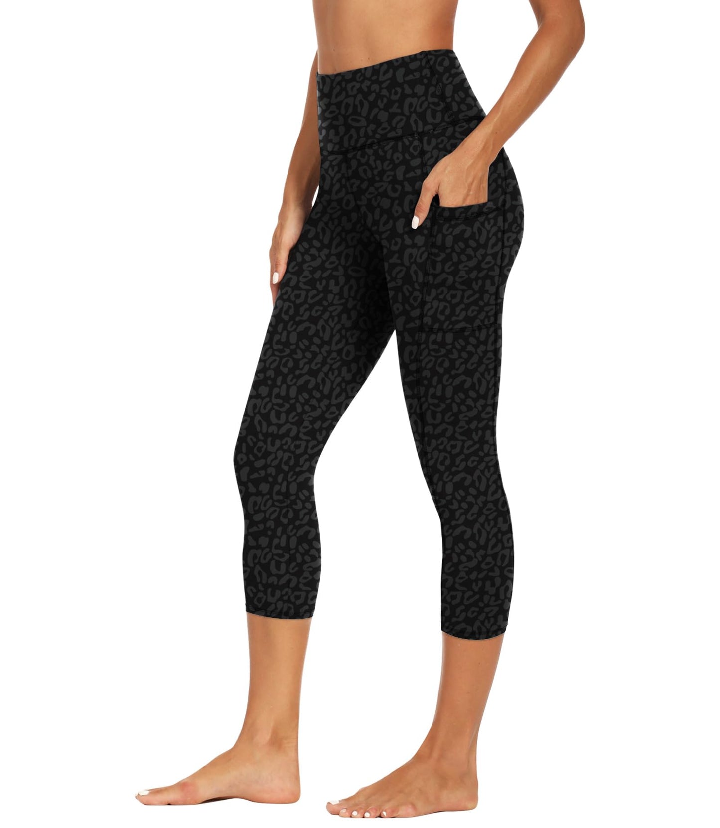 GAYHAY High Waisted Capri Leggings for Women - Soft Yoga Pants for Running Cycling Workout Black Leopard Pockets