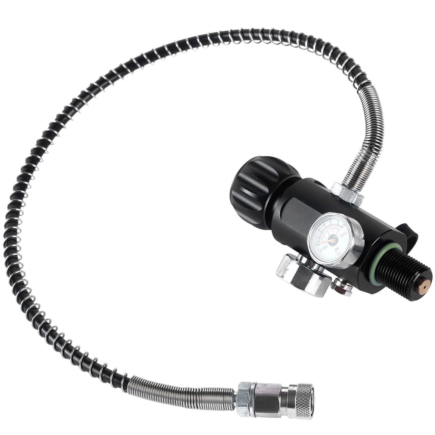 7/8-14UNF thread 4500psi Paintball Fill Station PCP Air-gun Charging Valve Dual Gauge Valve Air Tank Valve with 20 Inch High Pressure Hose (Non Regulated) for Cylinder Charging System