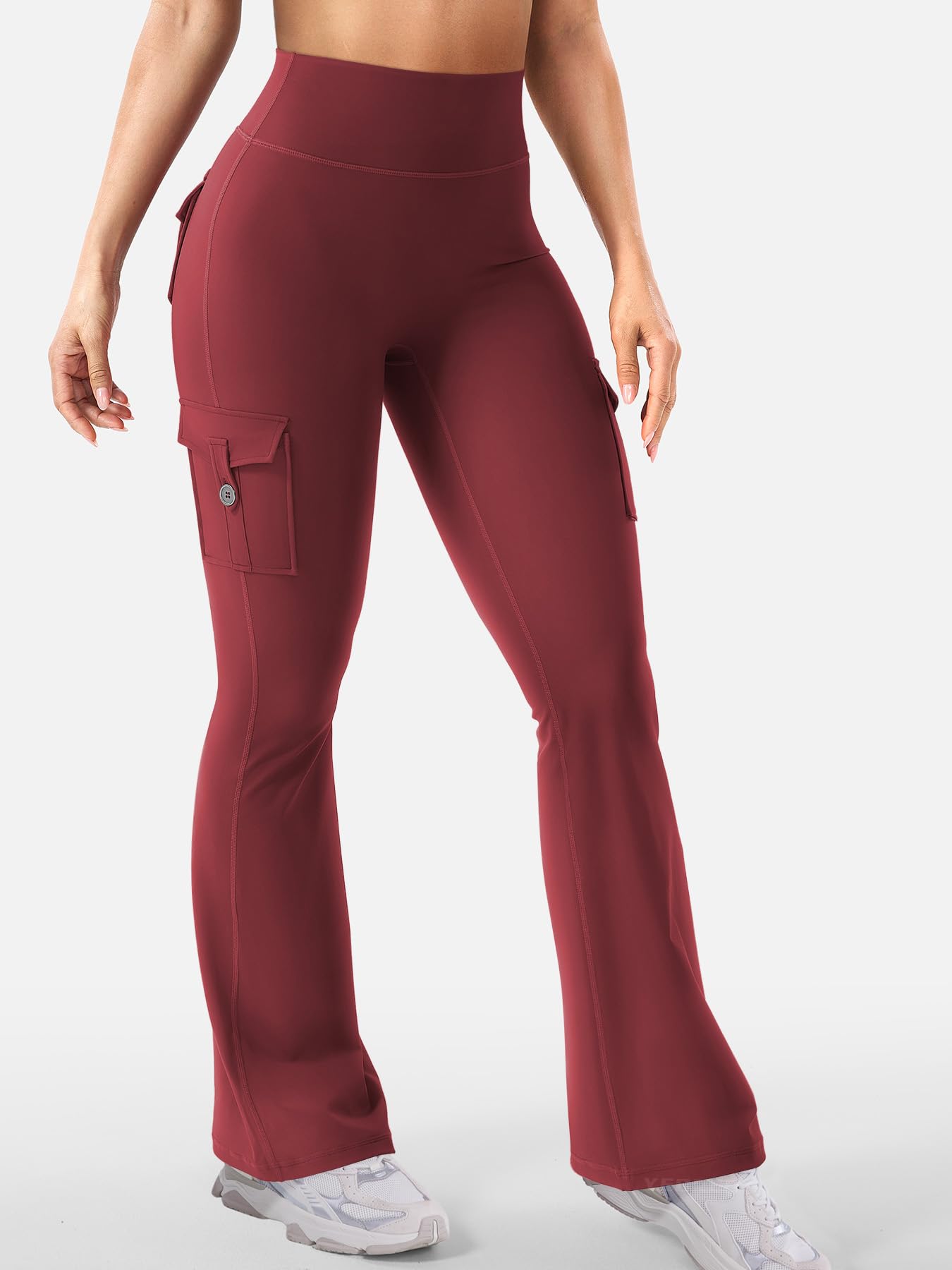 YEOREO CoreFlex Women Workout Flare Leggings with Pockets Hidden Scrunch High Waisted Cargo Gym Yoga No Front Seam Leggings Anchor Red XL