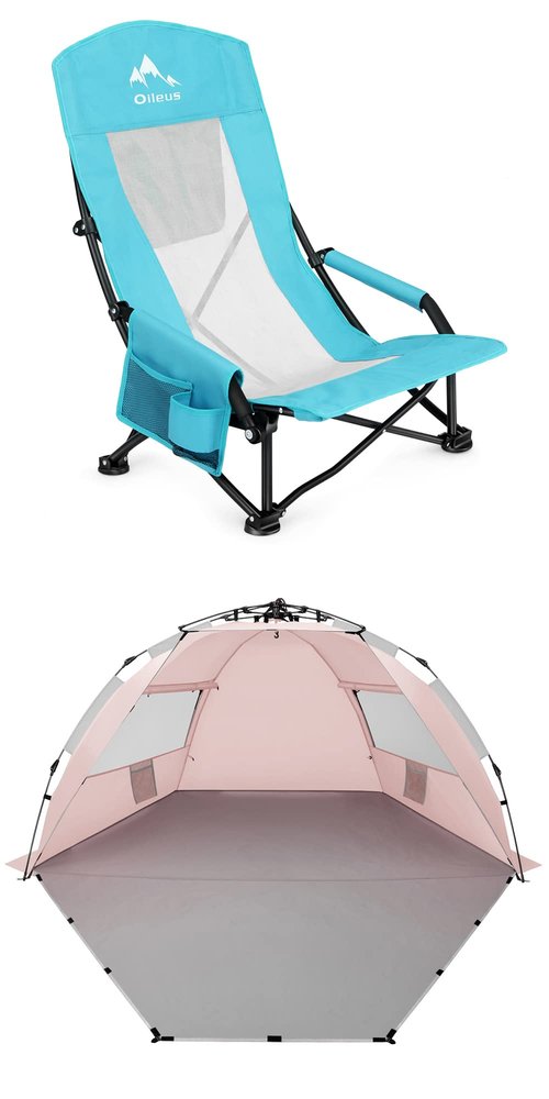 Oileus X-Large 4 Person Beach Tent Sun Shelter Pink and Folding Beach Chair High Back 1 Pcs