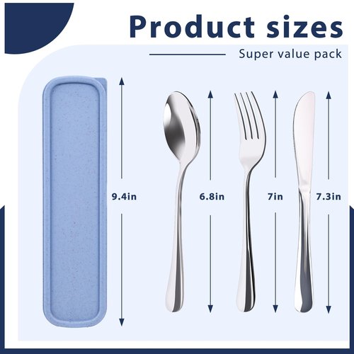 HANSGO 3PCS Portable Utensils Set with Case, Travel Cutlery Set Stainless Steel Utensils Reusable Silverware for Lunch Camping School Picnic Office Dishwasher Safe Blue