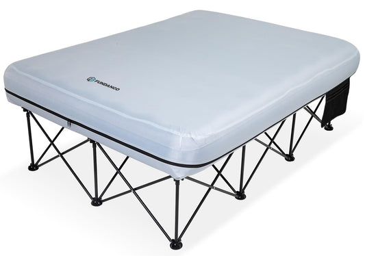 FUNDANGO 2 Person Cot Queen Size, Folding Airbed Mattress, Double Camp Bed with 2 Cup Holders, Removeable Cover for Adults Outdoor Travel,Carry Bag Included (Grey)