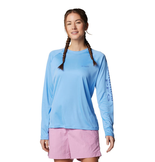 Columbia Women's Tidal Tee II Long Sleeve, White Cap/Bluebell Logo, 2X