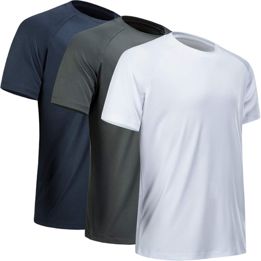MCPORO Workout Shirts for Men Short Sleeve Quick Dry Athletic Gym Active T Shirt Moisture Wicking 3 Pack Navy, Dark Grey, White Large
