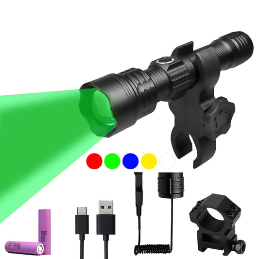 I0DO Green Light for Hunting Hog Green Flashlight,Red,Blue,White 4 in 1 Light for Coyote,Hog,Coon,Predator,Varmint,Sniper,Scope,Hunting Lights (Hog Green Light)