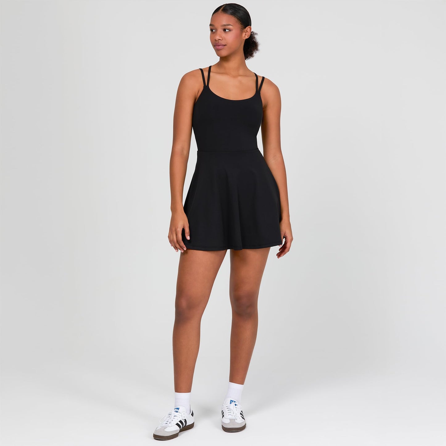 YITTY Active Women's Ultraluxe Strappy Tennis Dress with Built in Short, Athleisure, 4-Way-Stretch, Iconic Black, M