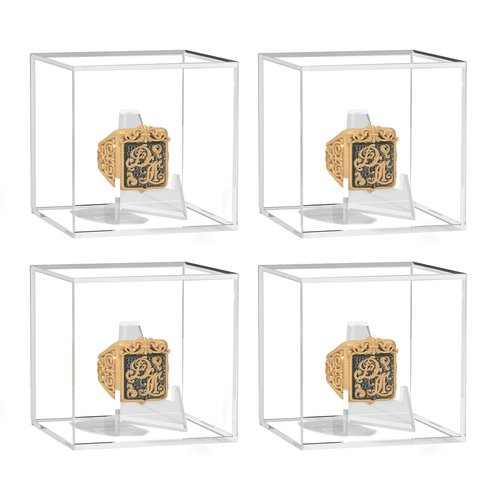 Clear Acrylic Ring Case Display - 4 Pack with Stand, Perfect for Baseball, Football, Softball Championship Rings, 2.5 Inch Square Box