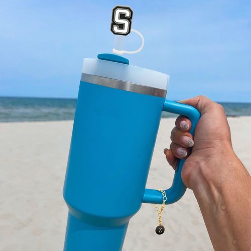 （2+2）2PCS Straw Cover for Stanley Cup 30&40 Oz 10mm Straw Topper with 2PCS Stanley Cup Accessories Letter Charms Name ID Initial Letter Handle Personalized Charm For Stanley Tumbler (Letter P)