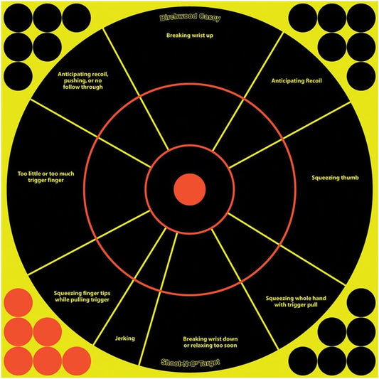 Birchwood Casey Shoot-N-C 12" Handgun Trainer Target - Highly Visible Instant Feedback Reactive Round Self-Adhesive Targets for Pistol Shooting Practice