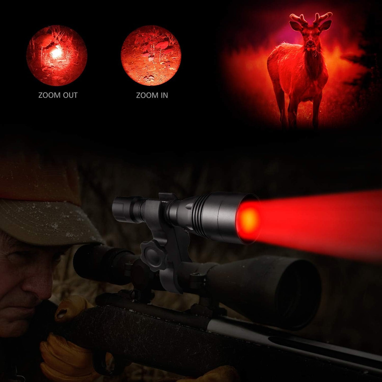 A8Plus Long Range Zoomable Hunting Flashlight Spotlight Kit, Green Red White Infrared 850nm IR Interchangeable LED Modules, Predator Night Light Torch for Coon Coyote Hog Fox Varmint