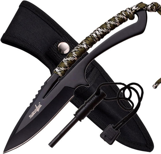 Survivor HK-767CA Fixed Blade Outdoor Knife, Black Blade, Cord-Wrapped Handle, 8-Inch Overall