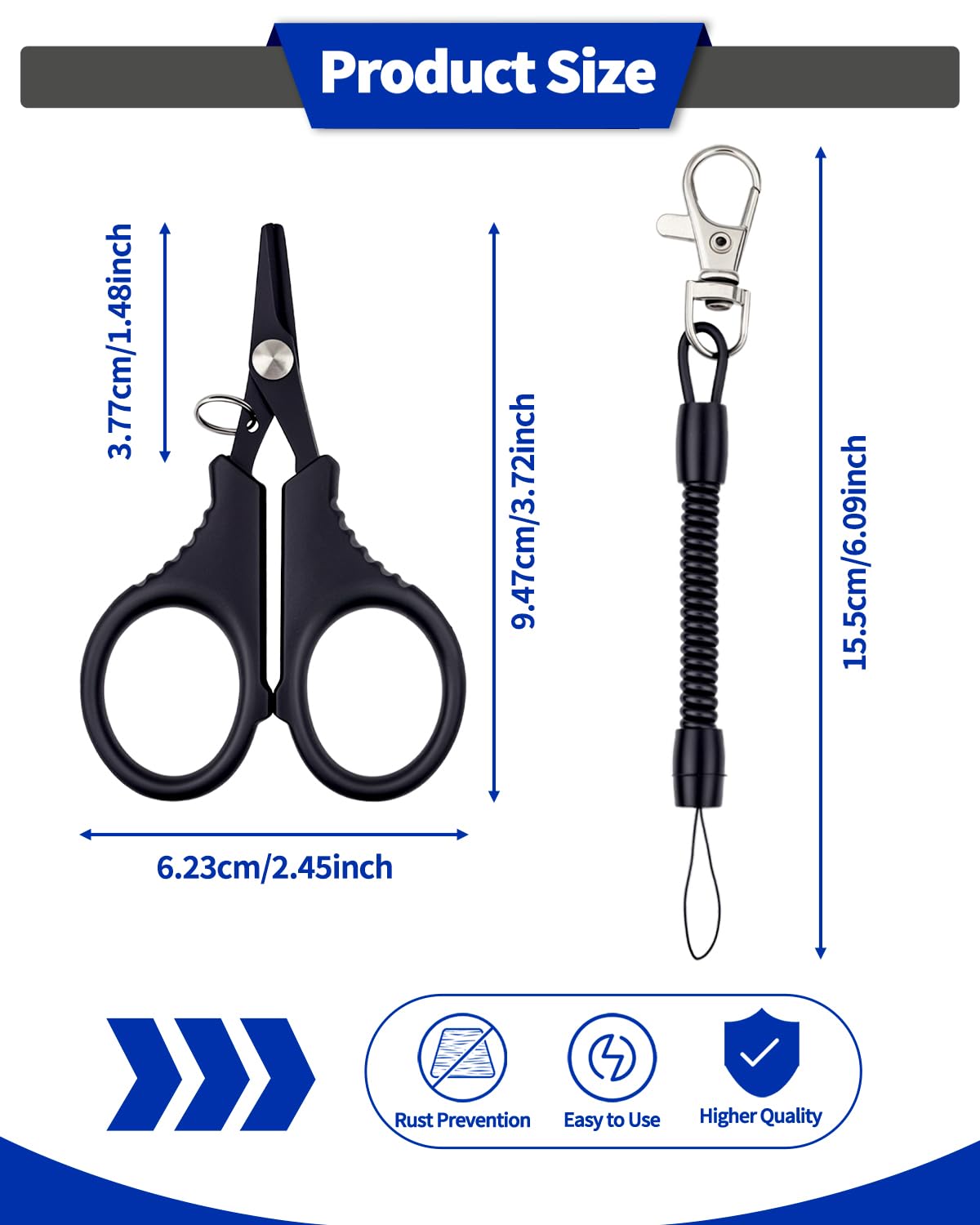 3 Pieces Fishing Scissors, Stainless Steel Fishing Line Cutter &braided Line Cutter, Cutters with Titanium Coating-Fishing with Hook and Retractable Coil Lanyards Fishing Accessories (Black)