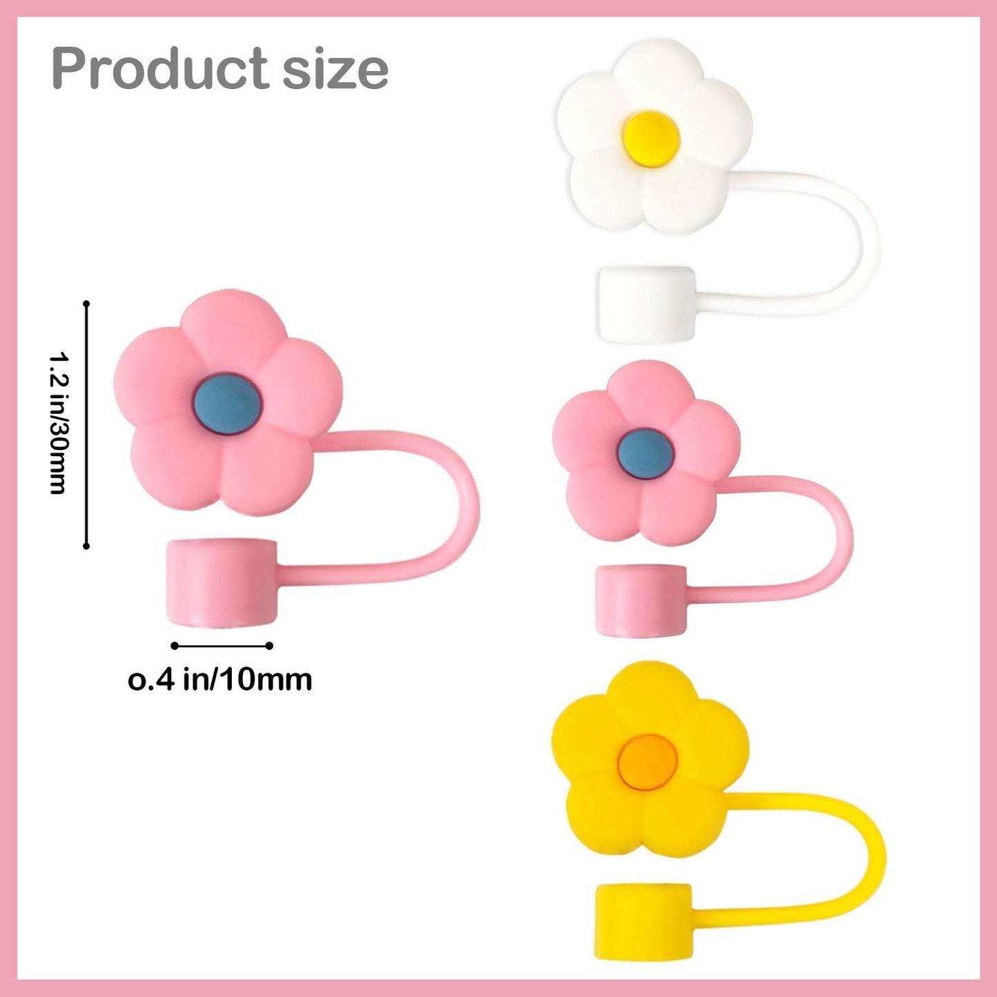 6pcs Flowers Straw Covers Toppers,for Stanley Water Bottles 30&40 Oz,0.4in/10mm Dust-Proof Straw Cap,Cute Silicone Suction Cup Accessories
