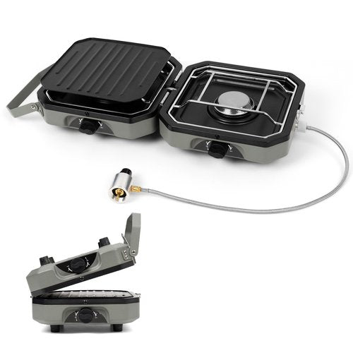 Hiteemer 2 Burner Portable Camping Stove with Griddle 17200 BTU Folding Camp Gas Stove Camping Adjustable Burners Piezo Ignition