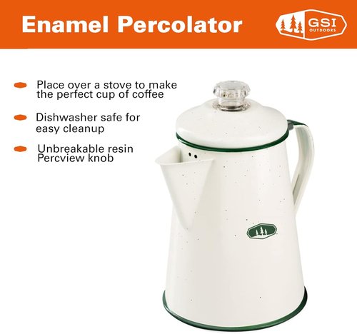 GSI Outdoors Percolator Coffee Pot | Enamelware Campfire Coffee Boiler Kettle for Outdoor Camping Cookware, Cabin, RV, Kitchen, Hunting & Backpacking