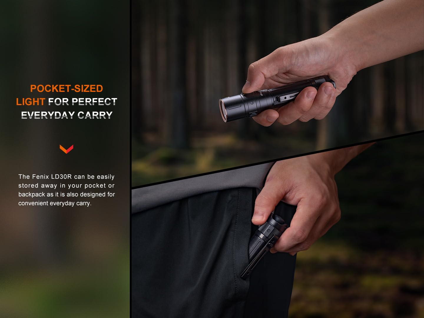 Fenix LD30R EDC Flashlight, 1700 Lumen USB-C Rechargeable for Everyday Carry Compact Tactical Duty Light with Durable Pocket Clip, Holster and Organizer