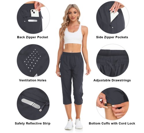 GymBrave Women's Capri Pants Quick Dry Lightweight Hiking Capris Pants Outdoor Casual with Zipper Pockets Gray S