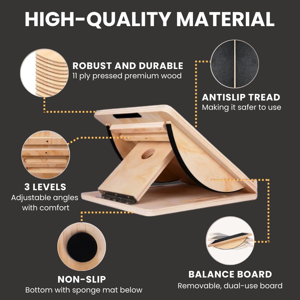 ABCDLIFE 2-in-1 Fitness Slant Board for Calf Stretching Adjustable Incline Board for Mobility, Rehab, Yoga, Pilates, Planter Fasciitis Calf Stretcher Balance Board for Feet Heel Ankle – Portable