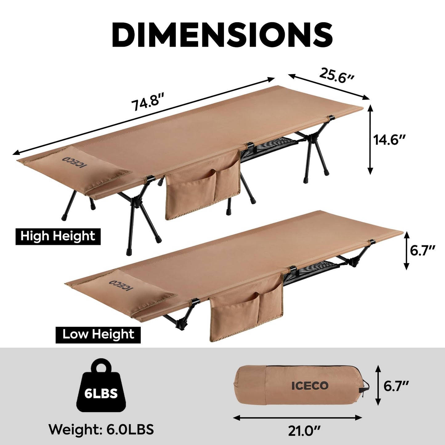 ICECO Camping Cots for Adults, Height Adjustable with Cot Leg Extenders, Strong Support 330lbs, 900D Oxford Fabric, Ultralight Comfortable, Sleeping Bed for Camping, Hiking, Beach, Home (L-Khaki)