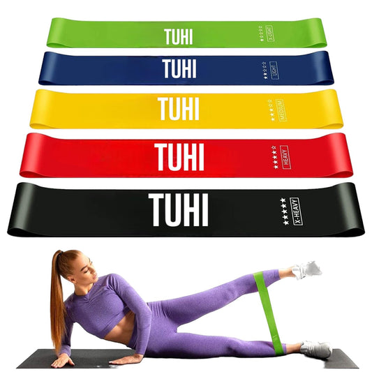 TUHI Products Resistance Loop Exercise Bands with Instruction Guide and Carry Bag, Set of 5