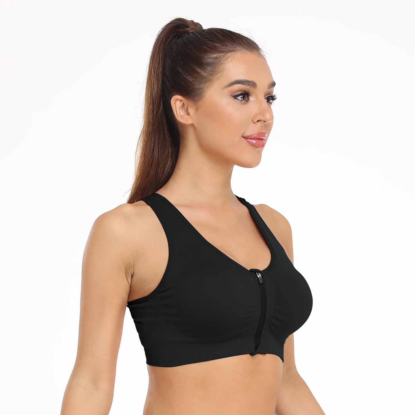 Women's Zip Front Sports Bra - Wireless, Padded, Open Front, Racerback - Comfortable Yoga & Workout Bras - Plus Size (XX-Large) 3 Pack (Black+Flesh+Purple)