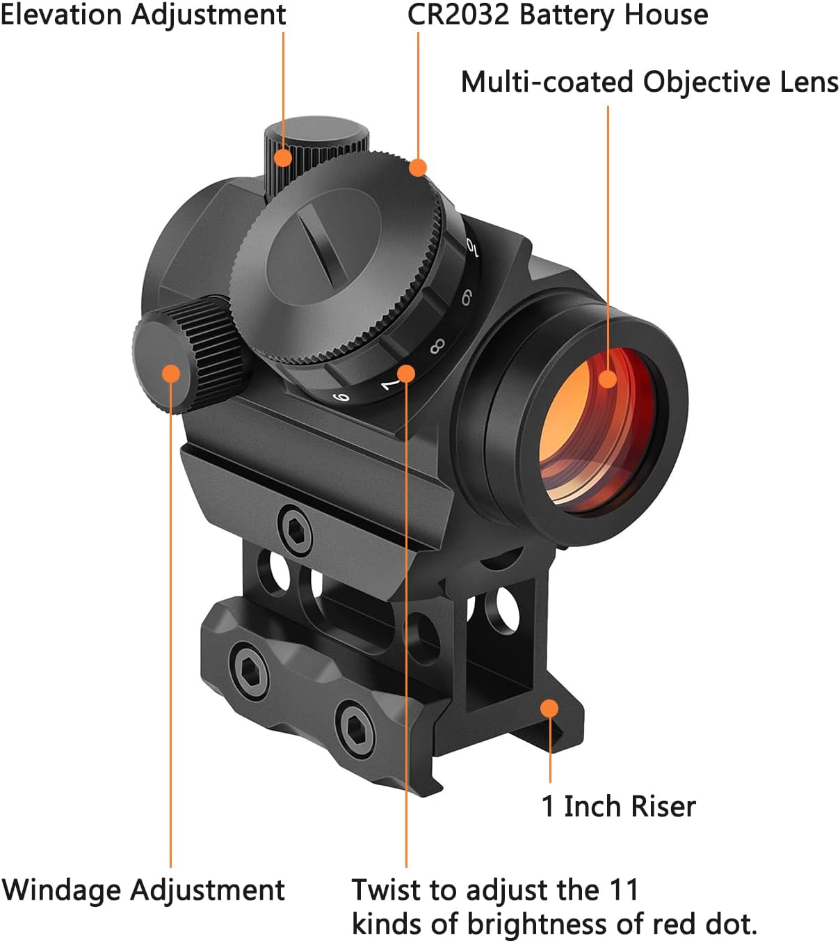 MidTen 2MOA Red Dot Sight 1x25mm Reflex Sight Waterproof & Shockproof & Fog-Proof Red Dot Scope with 1 inch Riser Mount