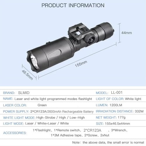 SLMID Laser Light Combo, 1200 Lumens Tactical Flashlight with Double Pressure Switch, 3 Programmable Modes, Green Beam Sight and Picatinny Mounted