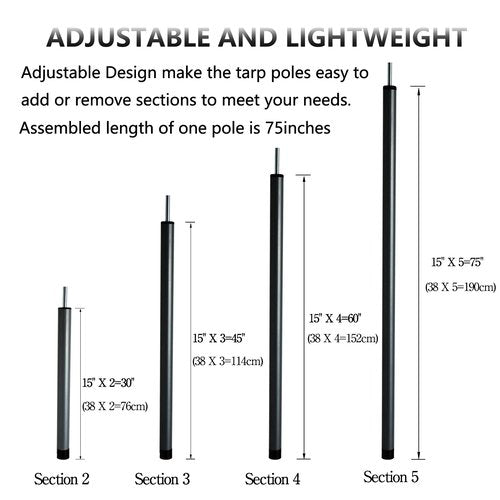 Tent Poles Adjustable Tarp Poles Steel Rods for Tarp Canopy Camping Replacement Set of 2 +Pegs & Reflective Ropes (Black)