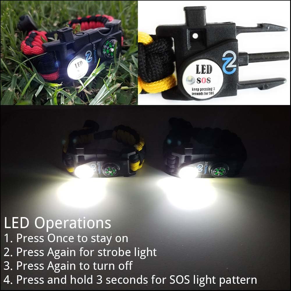 Survival Paracord Bracelet - Tactical Emergency Gear Kit with SOS LED Light, 550 Grade, Adjustable, Multitools, Fire Starter, Compass, and Whistle - Set of 2