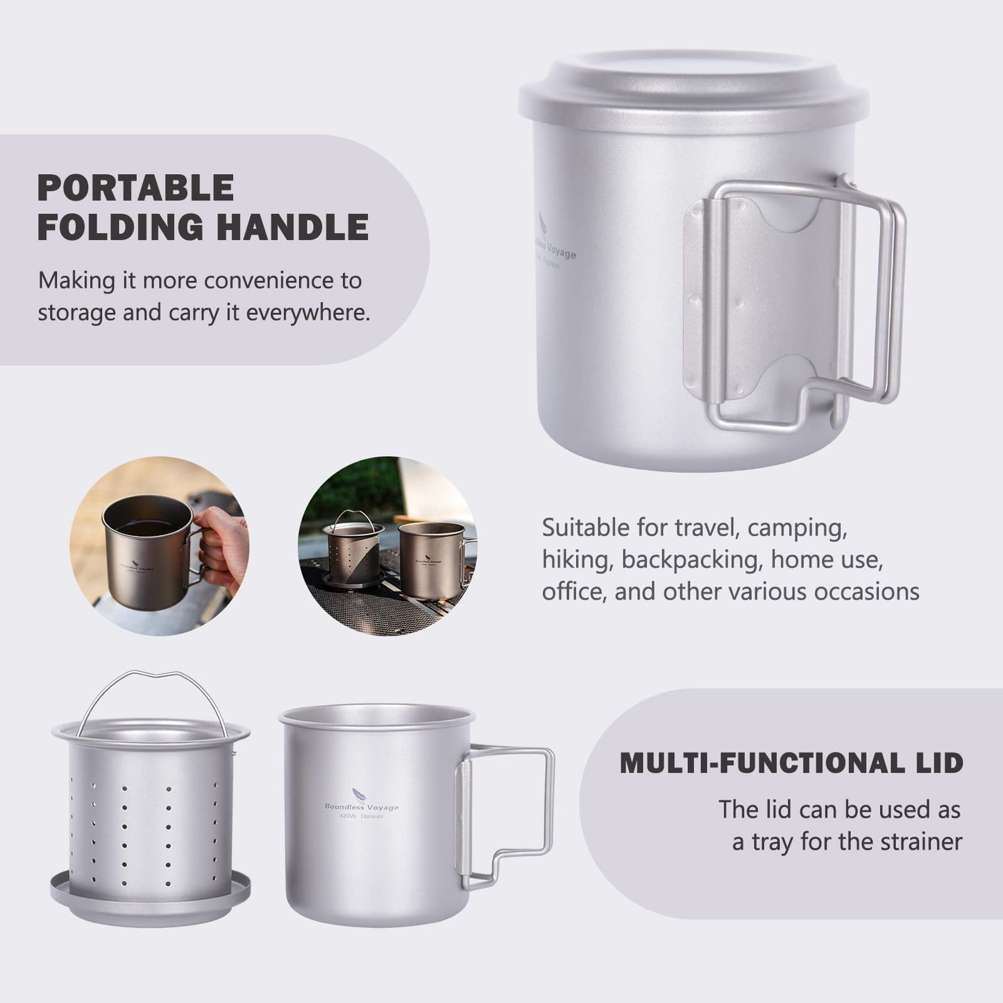 Boundless Voyage Single Layer Titanium Cup Portable Camping Picnic Water Cup Mug with Foldable Handle Lightweight Tea Cup with Tea Filter 420ml/14.2 fl.oz(Ti3054D)