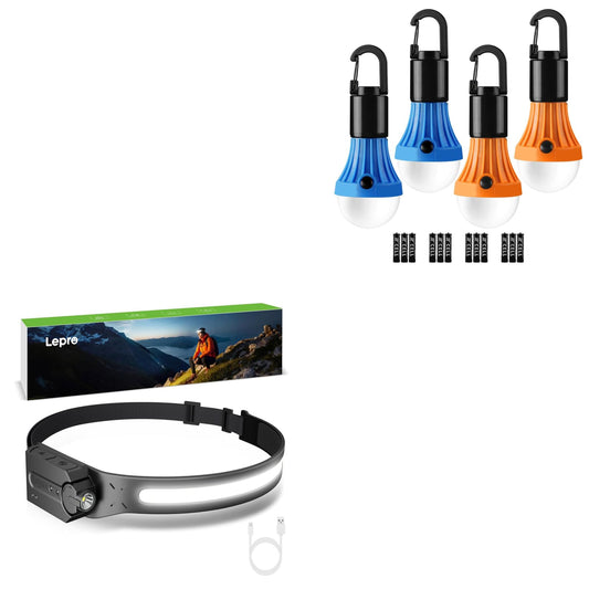 Lepro Bundle - 4 Packs Hanging Tent Light Bulbs with Clip Hook for Camping & 230°COB Wide Beam & Adjustable Spotlight, Waterproof Headlamp