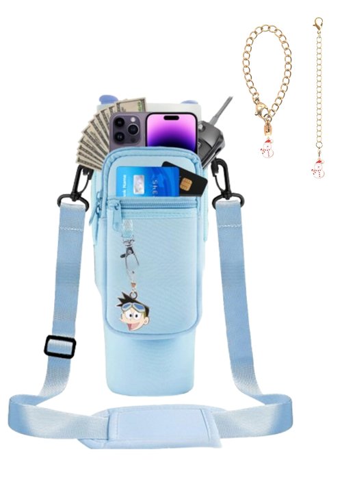 Water Bottle Carrier Bag with Phone Pocketfor Stanley 40/30 oz, Water Bottle Holder with Adjustable Shoulder Strap and Charm(Blue)