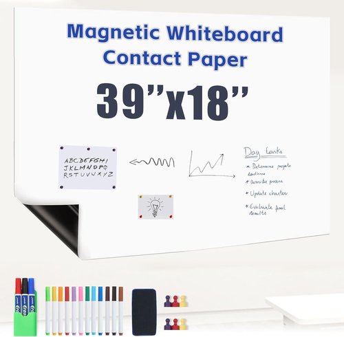 Magnetic Whiteboard Contact Paper 39" x 18"- Peel and Stick whiteboard, Easy to Erase and Write, Adhesive Magnetic Dry Erase White Board Sticker for Wall, Perfect for Home and Office,Kitchen,playroom