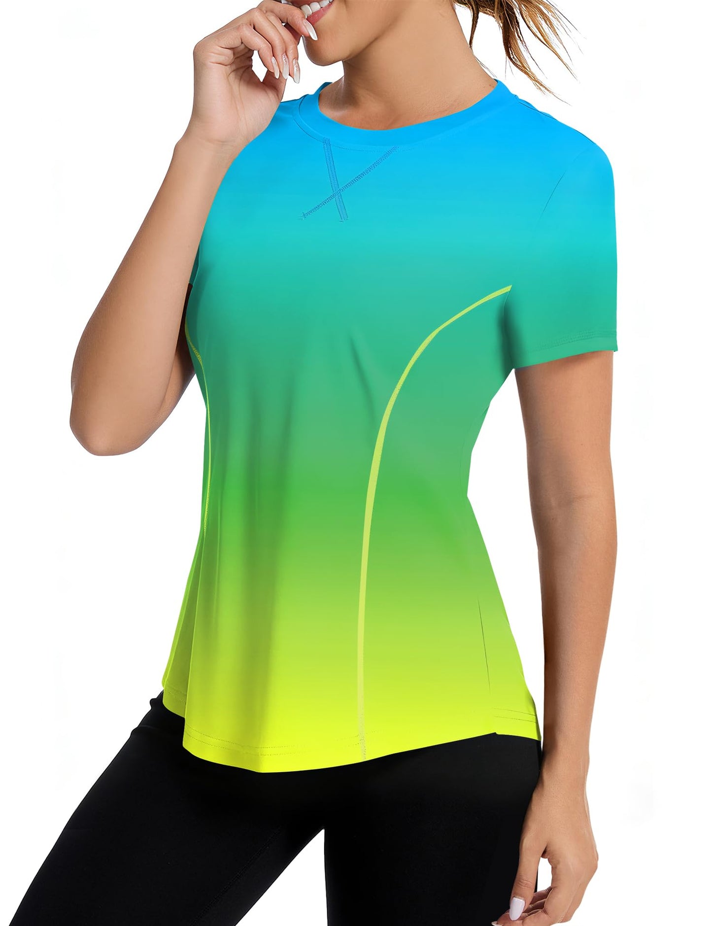 Avoogue Women's Activewear Short Sleeve UV Shirts Moisture Wicking Loose Workout Running Gym Tops Outfits Rashguard(Blue Gradient Yellow,L)