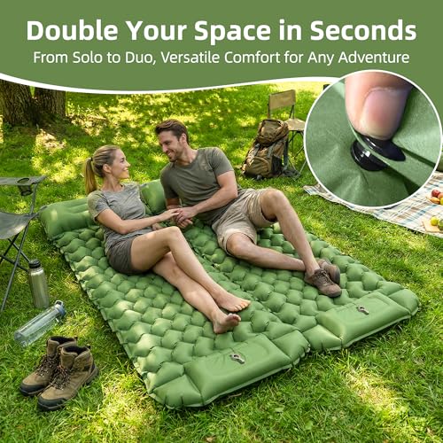 Extra-Thick Camping Sleeping Pad with Pillow and Built-In Foot Pump - Green, 3.54 Inch, Ultralight